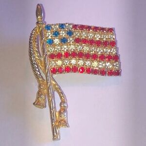 Rafaelian Brand Elegant Vintage Gold Tone and Red CZ Retro Flag Brooch